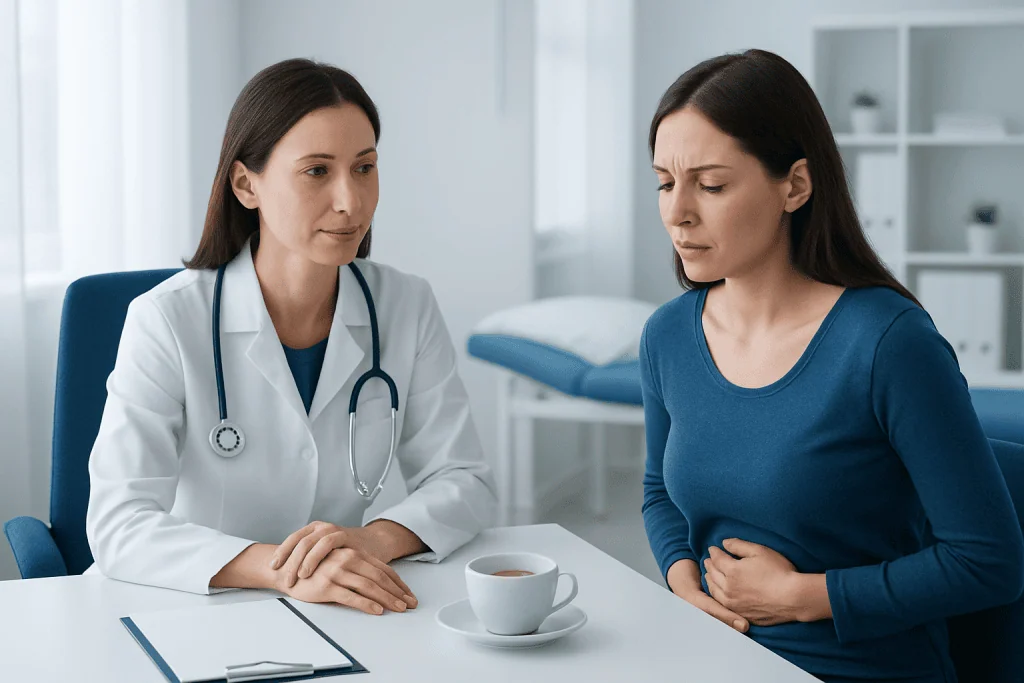 Doctor consulting a patient about digestive health in a clinic setting.
