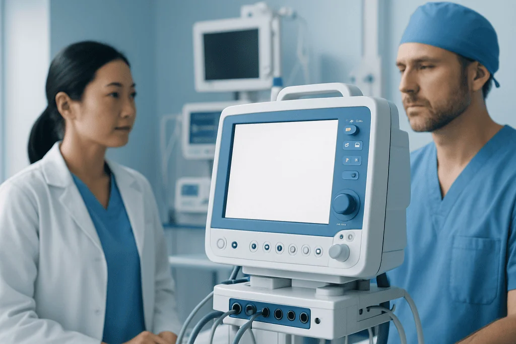 Medical professionals discussing patient care with monitoring equipment in background.