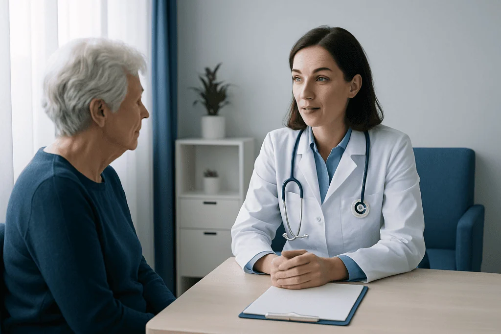 Doctor consulting with elderly patient in a medical office.