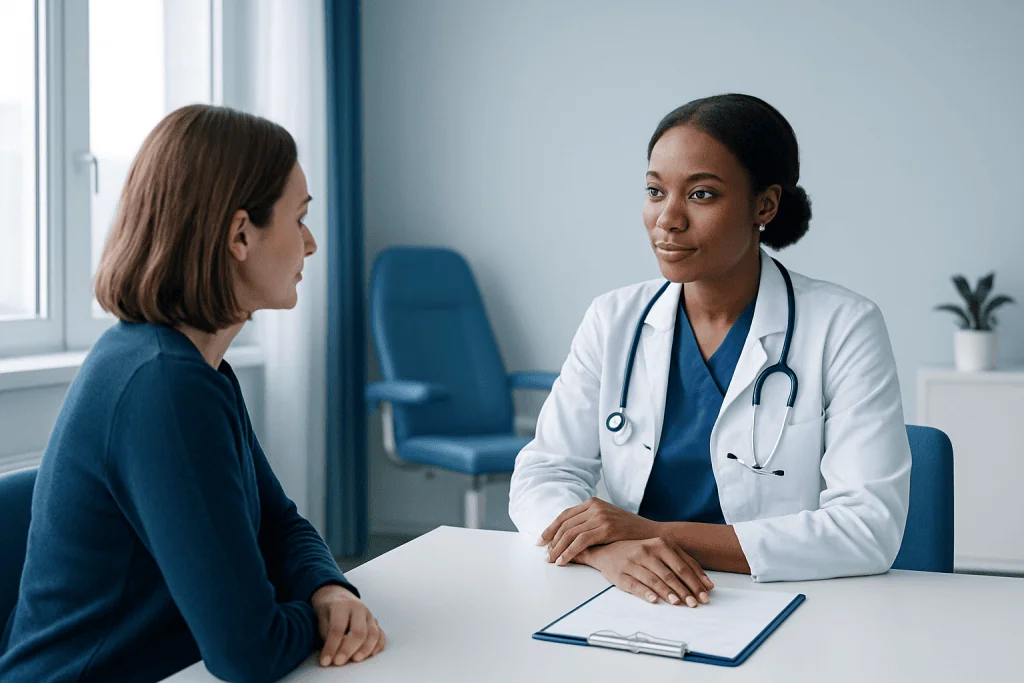 Doctor consulting with a patient in a modern medical office.