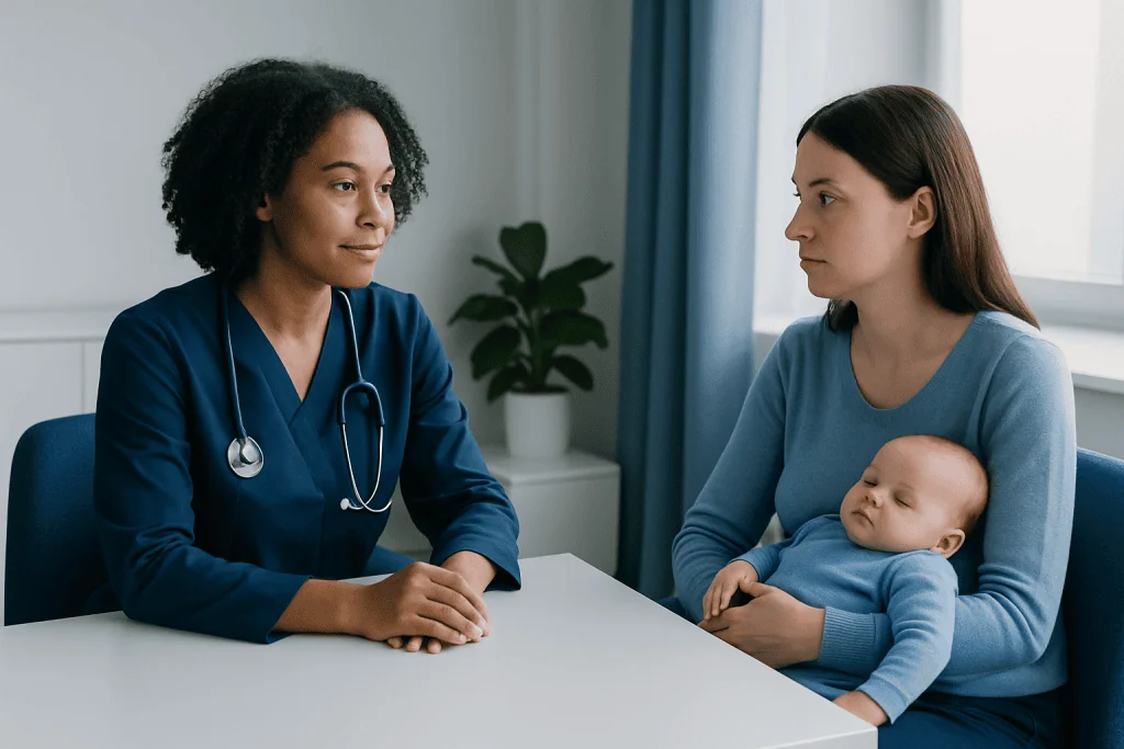 Doctor consulting with mother and baby in a hospital room.