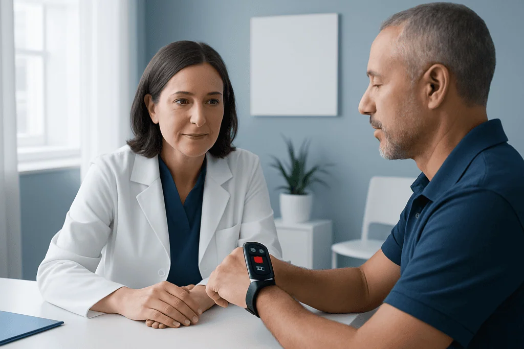 Doctor consulting with patient wearing a smartwatch in a medical office.