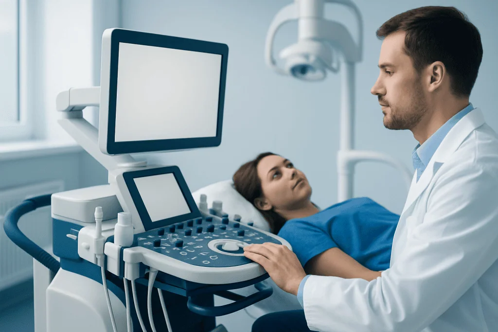 Doctor performing an ultrasound scan on a patient in a medical clinic.