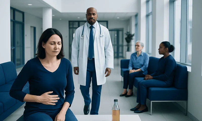 Doctor and patients in a hospital waiting area, woman with stomach pain.