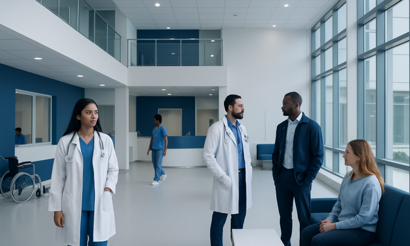 Medical team consulting in a modern hospital lobby with large windows.