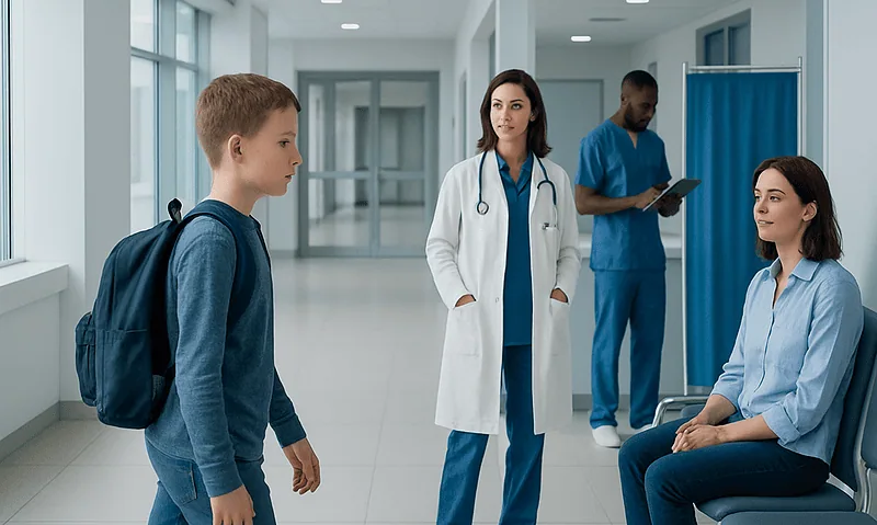 Child with backpack talking to healthcare professionals in hospital corridor.