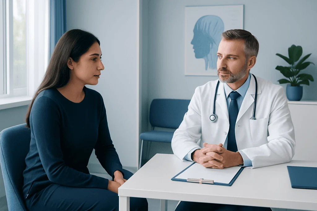 Doctor consulting with a female patient in a modern clinic.