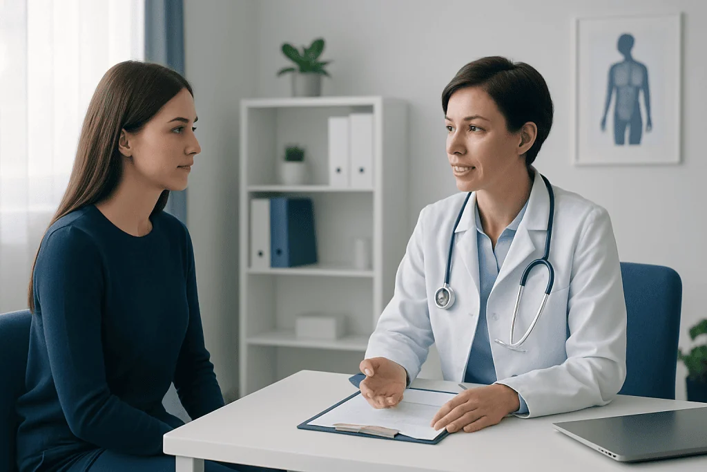 Doctor consulting with a patient in a modern medical office.