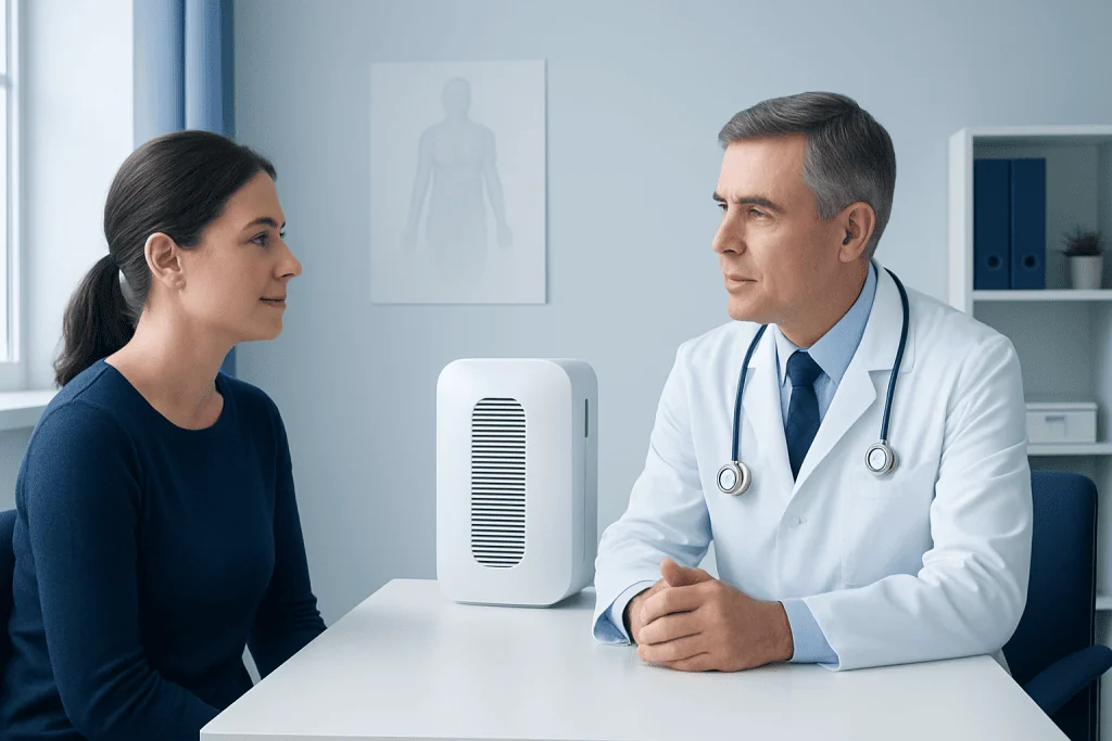 Doctor explaining air purifier benefits to patient in clinic.