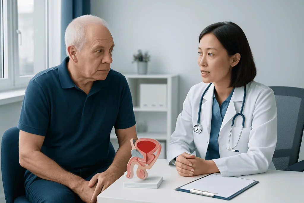 Urologist explaining prostate health to an older male patient in a clinic.
