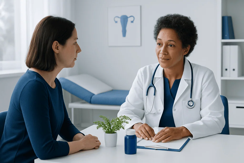 Doctor consulting a patient in a medical office with gynecology illustration.