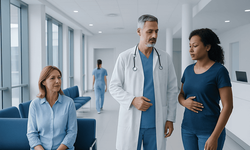 Doctor consulting pregnant woman in hospital corridor.