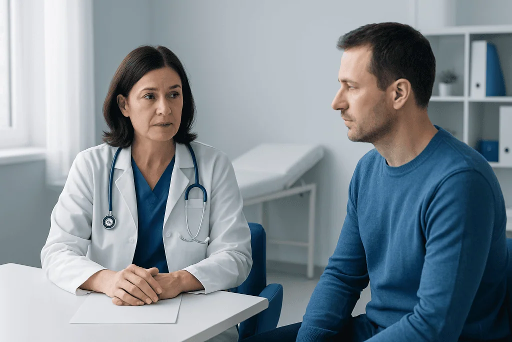 Doctor consulting with male patient in a medical office.