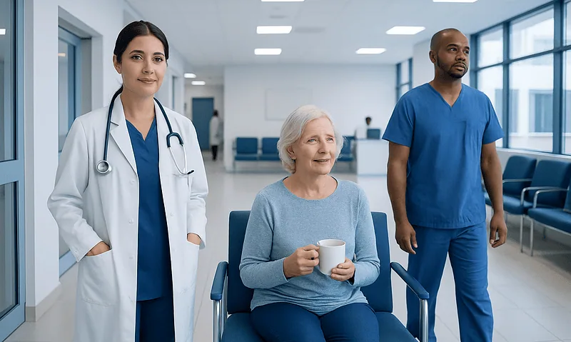 Healthcare professionals with elderly patient in hospital corridor.