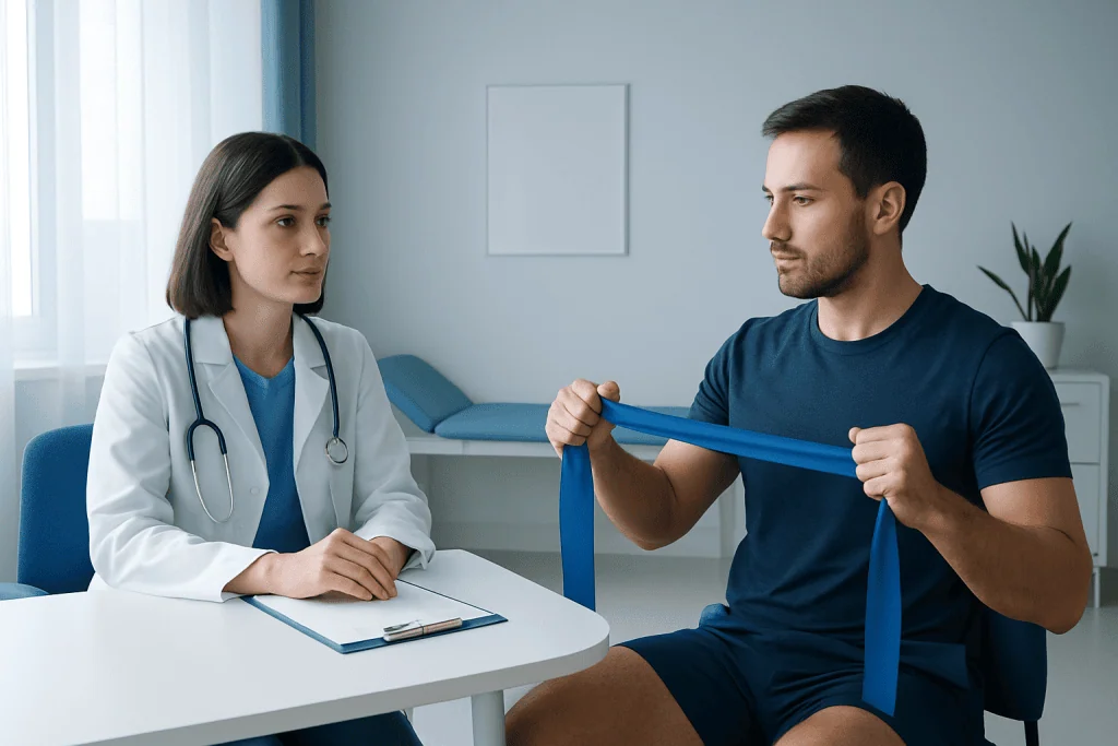 Doctor consulting with patient performing resistance band exercise for abs.