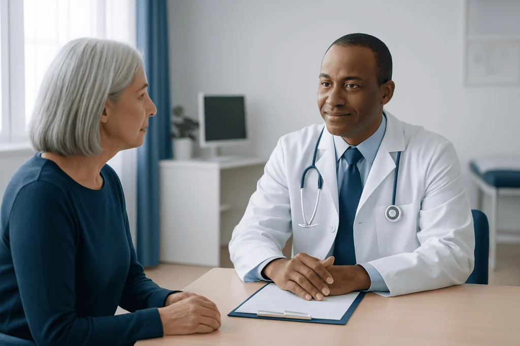 Doctor consulting with an elderly female patient in a medical office.