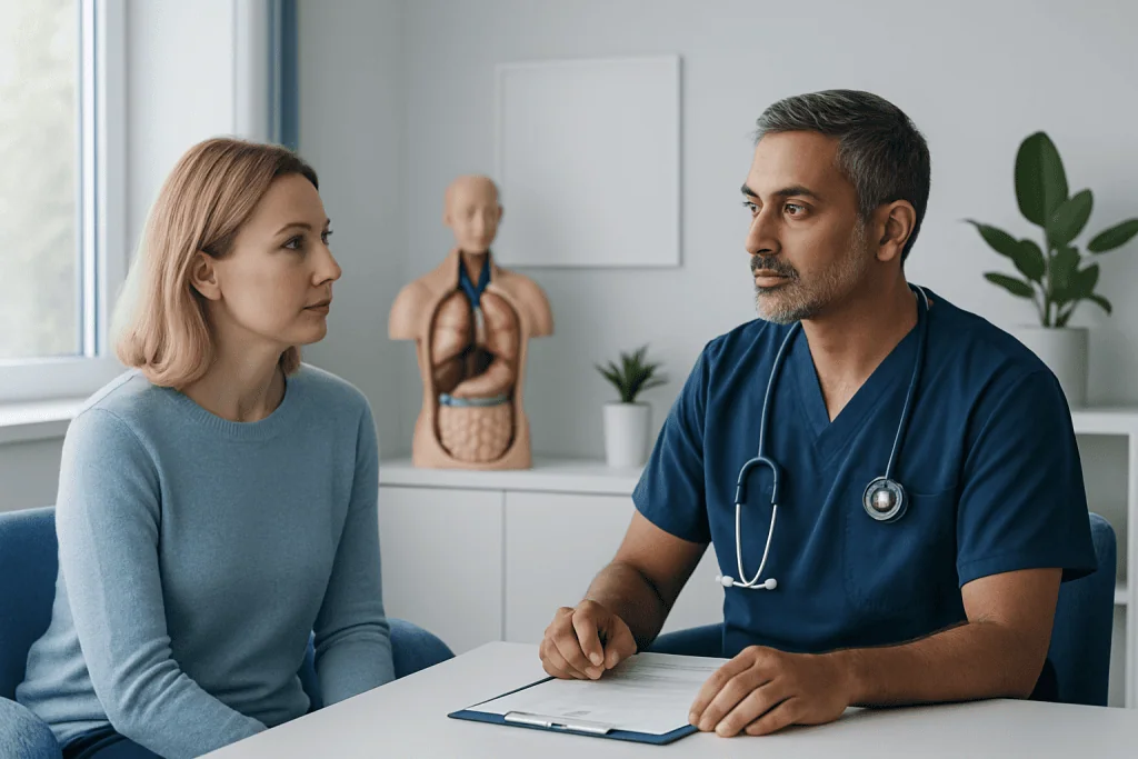 Doctor consulting with a female patient in a medical office.