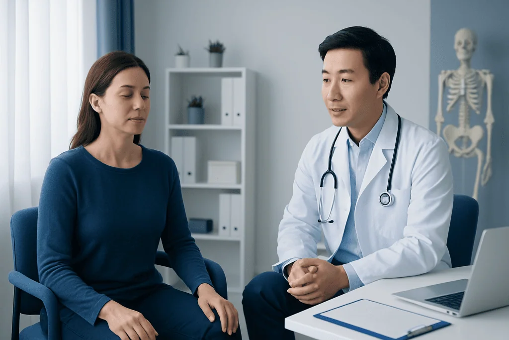 Doctor consulting with a female patient in a modern medical office.