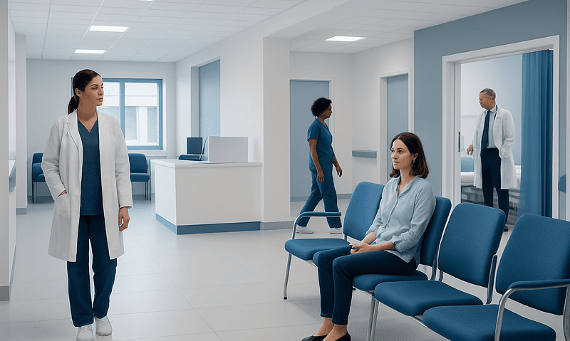 Modern hospital waiting area with medical staff and patient seating.
