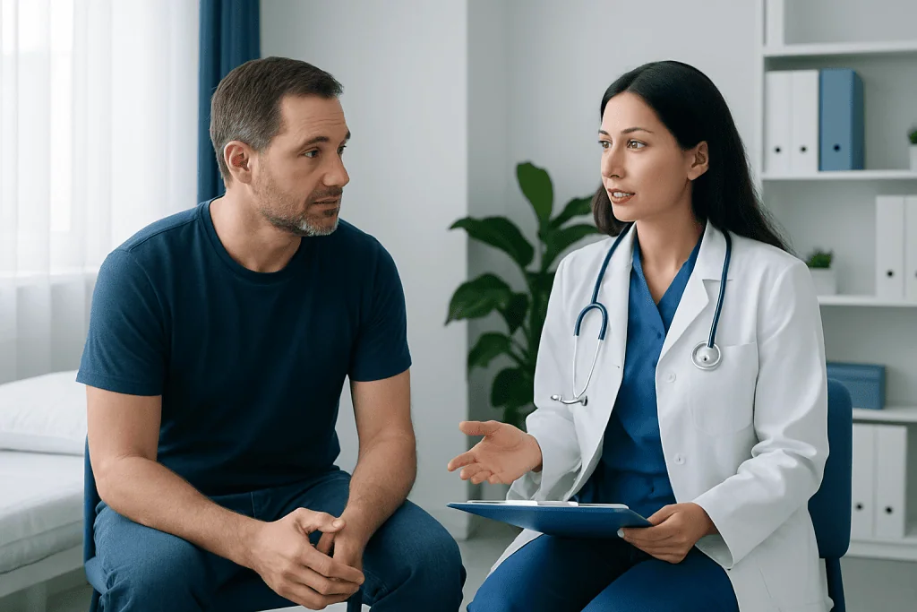 Doctor consulting with male patient in a medical office setting.