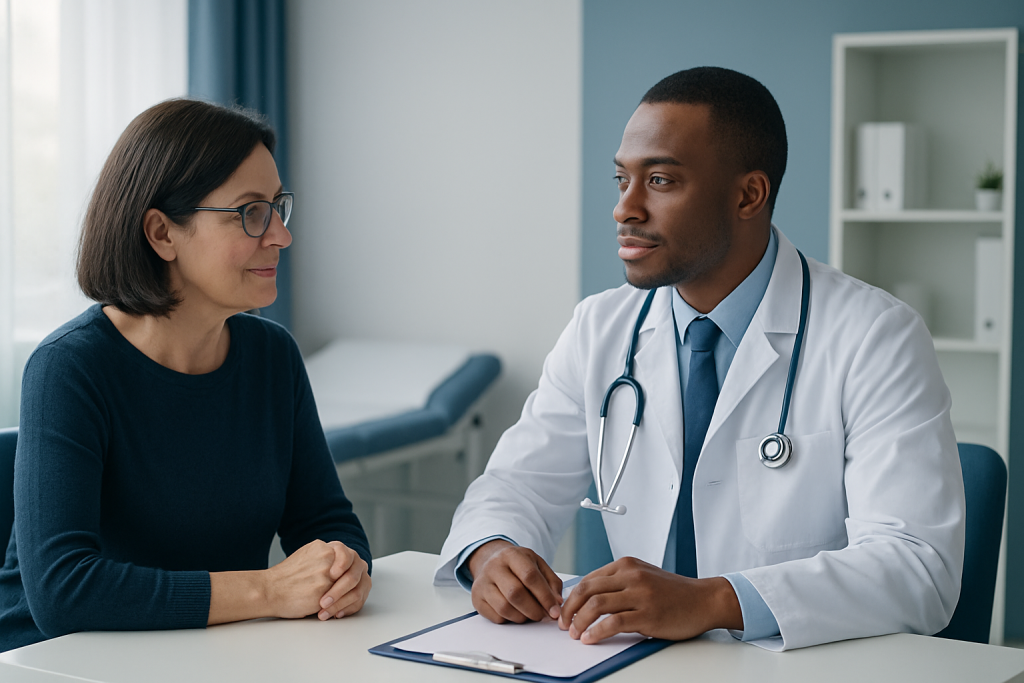 Doctor consulting with a female patient in a medical office.