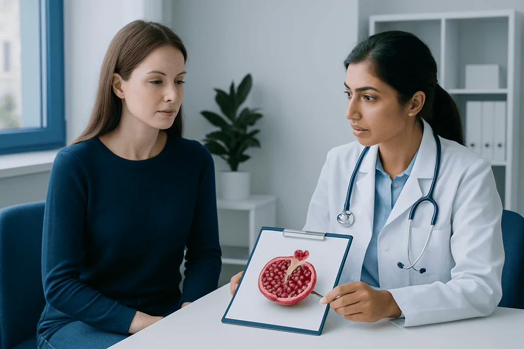Doctor explaining pomegranate health benefits to patient in clinic.