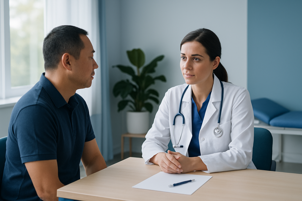 Doctor consulting with patient in a medical office setting.