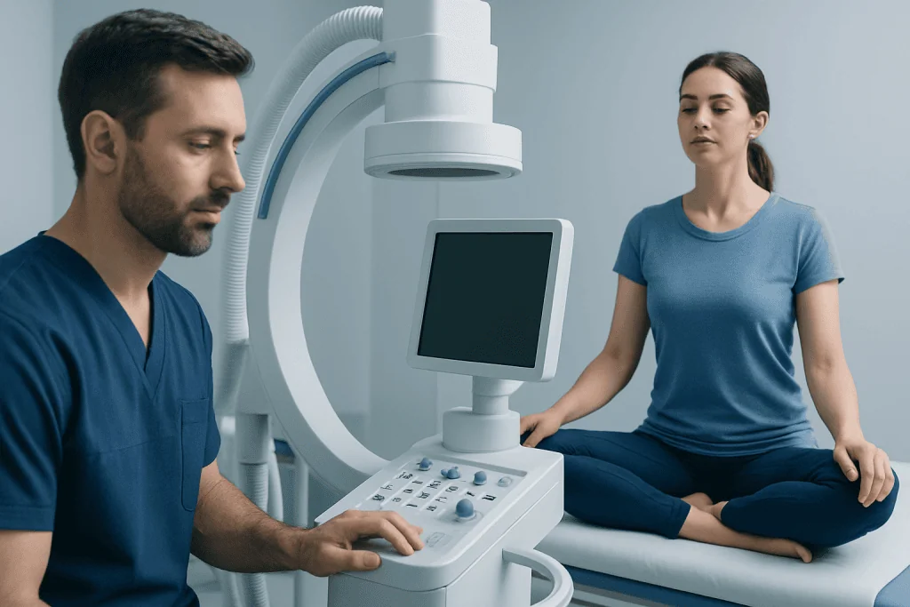 Medical professional performing an ultrasound on a woman patient in a clinical setting.