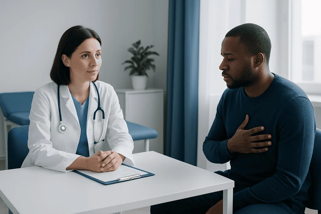 Doctor consulting with patient about heartburn symptoms in a clinic setting.