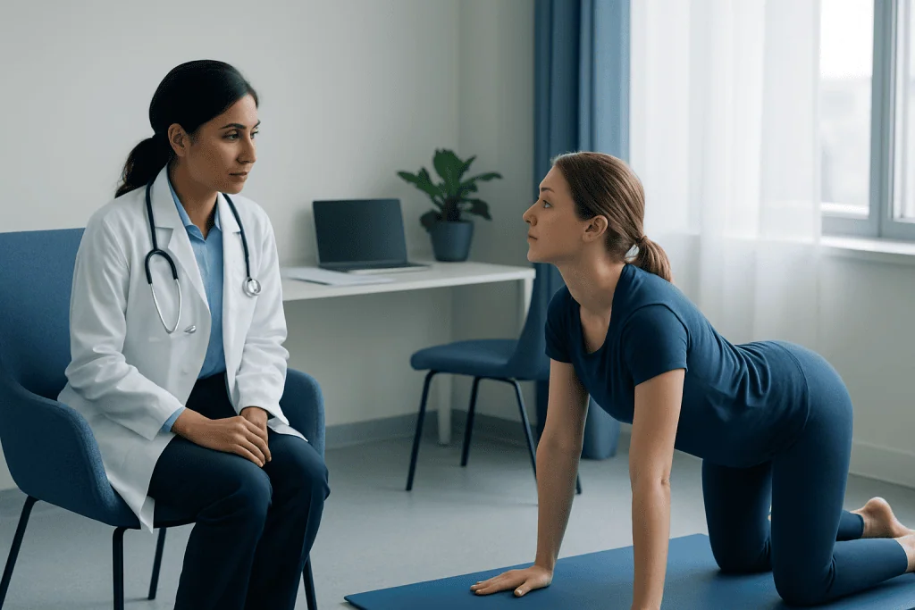 Physiotherapist guiding a woman through a back stretch exercise in a clinic.