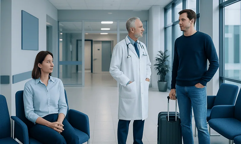 Doctor consulting with a patient in hospital corridor.