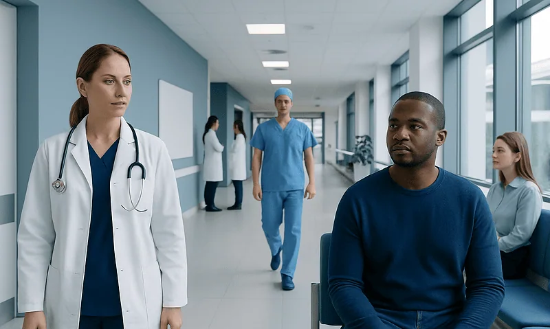 Medical professionals and patient in hospital corridor at Acibadem Hospitals Group.