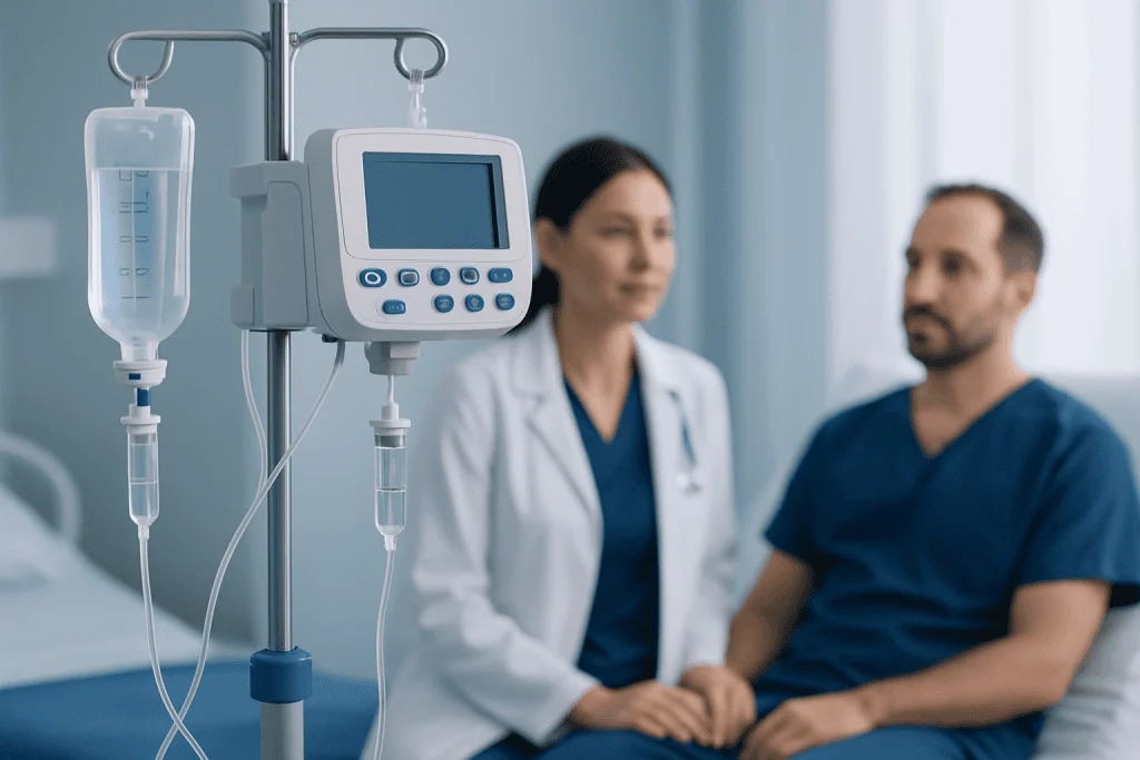 Medical professional consulting a patient in a hospital room with IV equipment.
