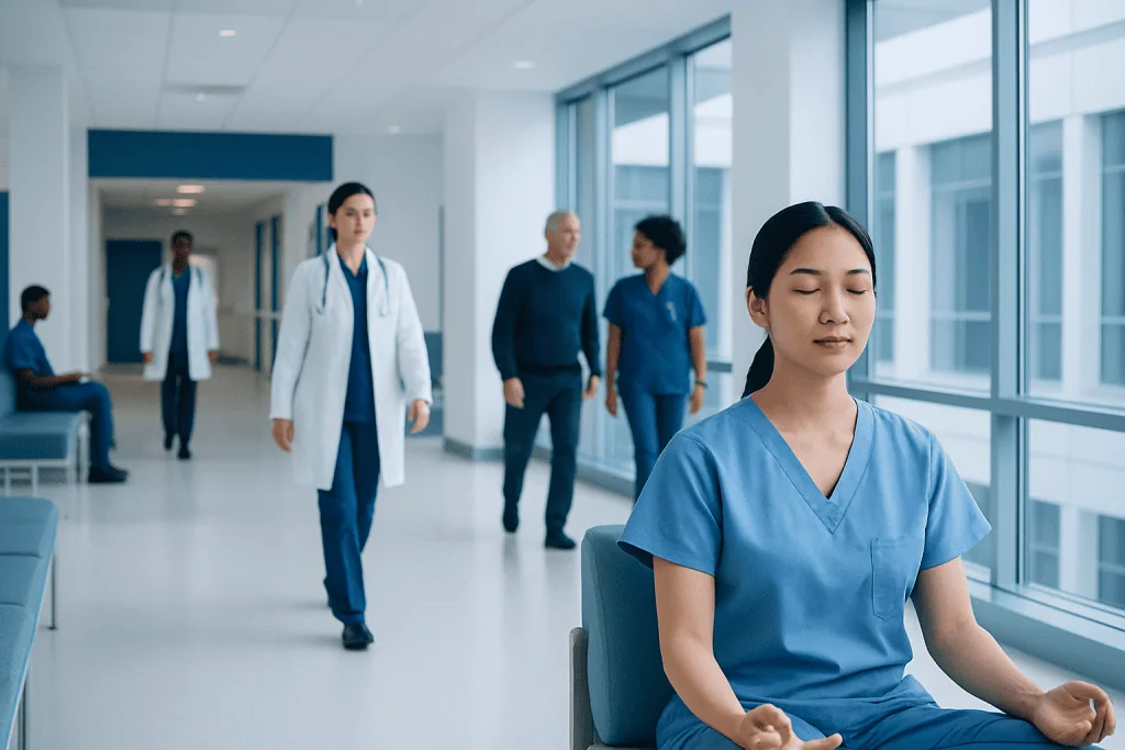 Meditation — Explained by Medical Evidence, Not Myths 1 Nurse meditating in hospital corridor for stress relief and focus.
