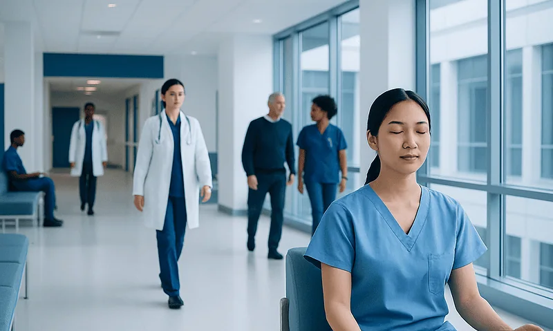Nurse meditating in hospital corridor for stress relief and focus.