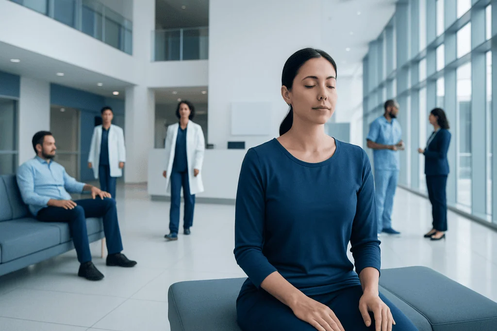 Meditation Techniques for Anxiety — Explained by Medical Evidence, Not Myths 1 Woman meditating in a hospital lobby with medical staff nearby.