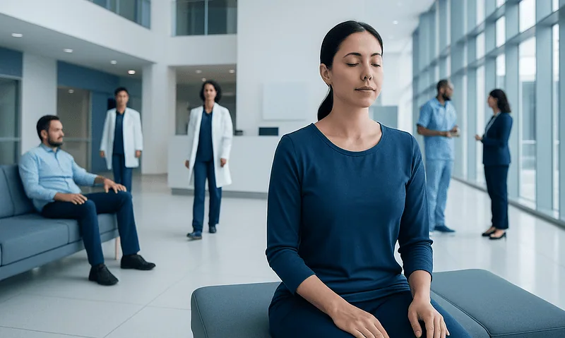Woman meditating in a hospital lobby with medical staff nearby.
