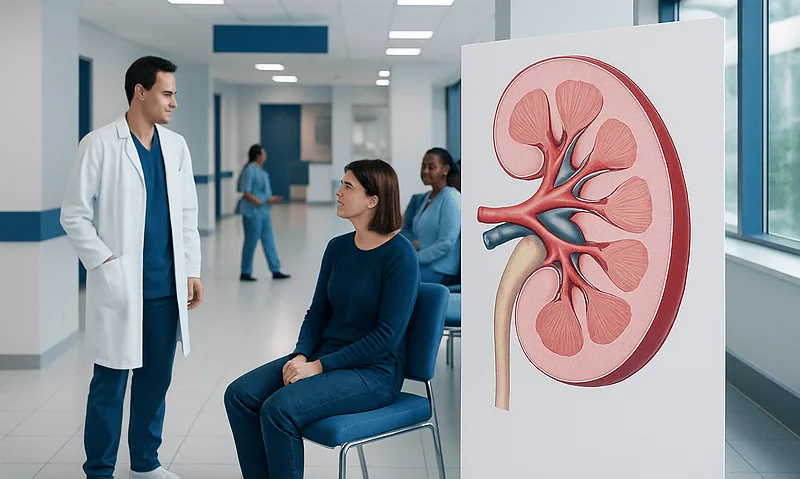 Doctor consulting patient about kidney health in hospital corridor.