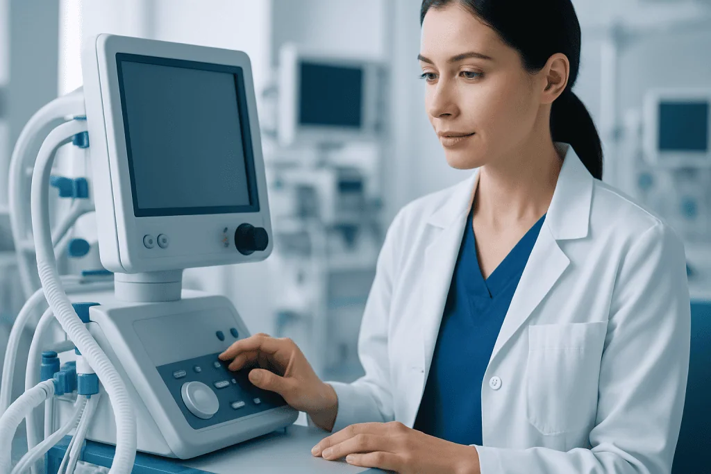 Medical professional operating ultrasound machine in hospital setting.