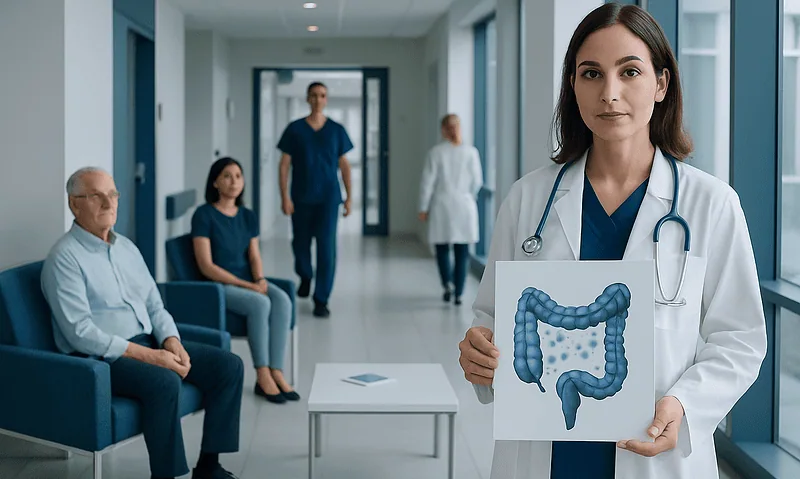 Doctor holding a colon illustration in a hospital corridor.