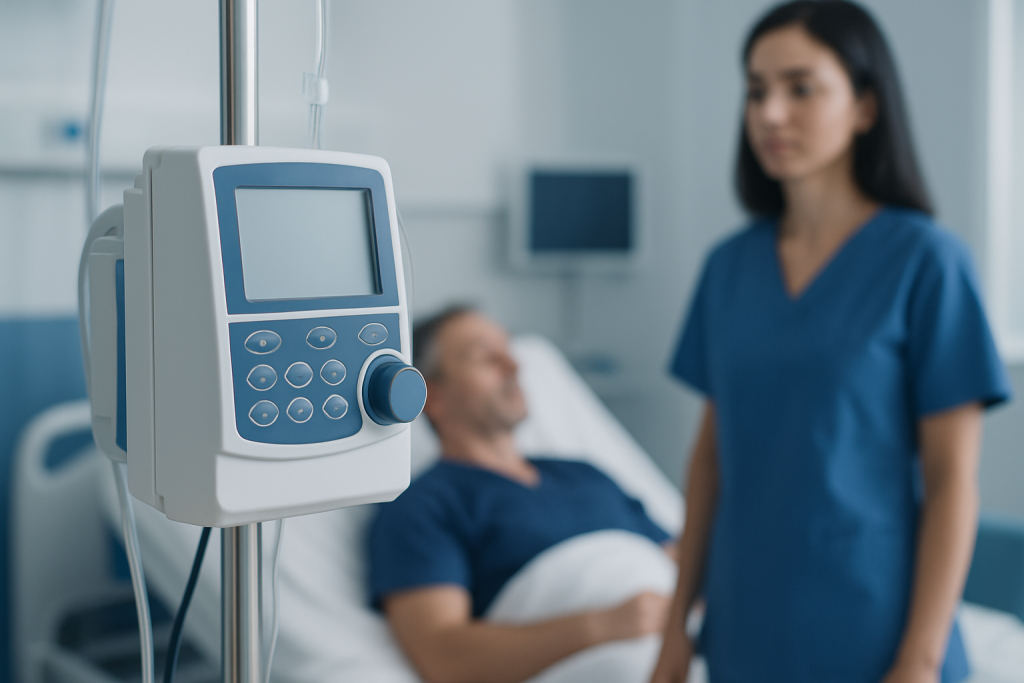 Hospital patient monitor with nurse and patient in background.
