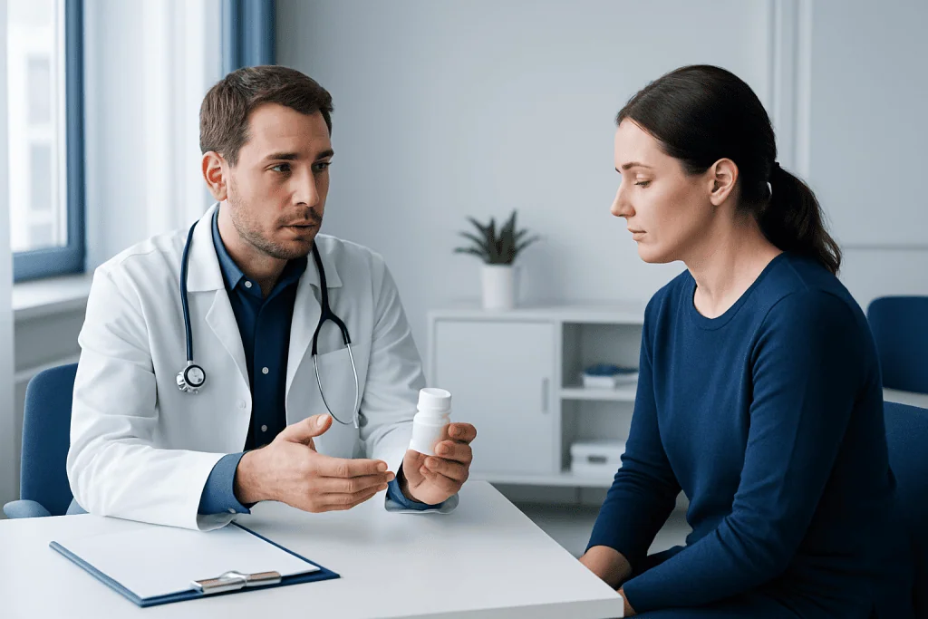 Doctor explaining medication to a patient in a clinical setting.