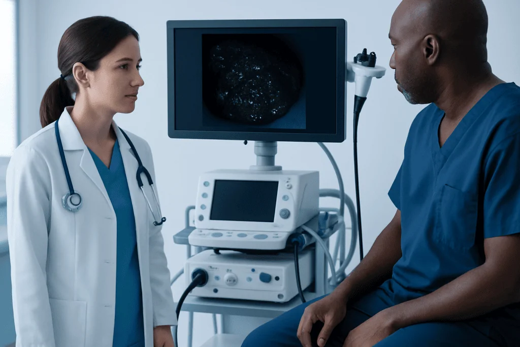 Doctor and patient during a colonoscopy procedure at Acibadem Hospital.
