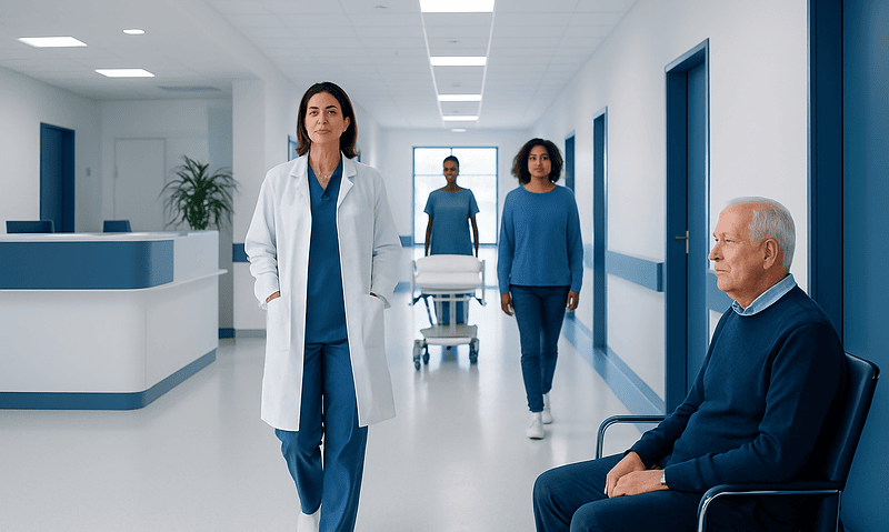 Healthcare professionals and patient in a modern hospital corridor.