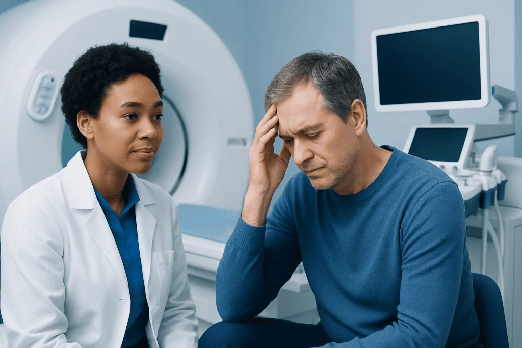 Patient experiencing headache during medical examination at hospital.