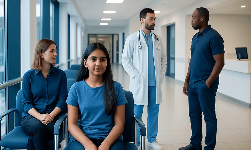 Medical consultation in hospital corridor with doctor and patients.