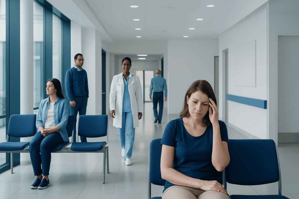 Menses period delay: A Complete Medical Guide for Patients 1 Woman with headache in hospital waiting area with medical staff nearby.