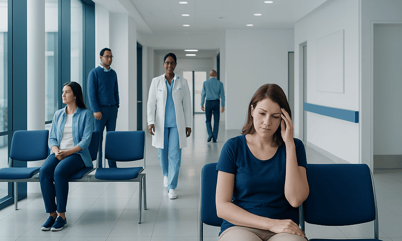 Woman with headache in hospital waiting area with medical staff nearby.