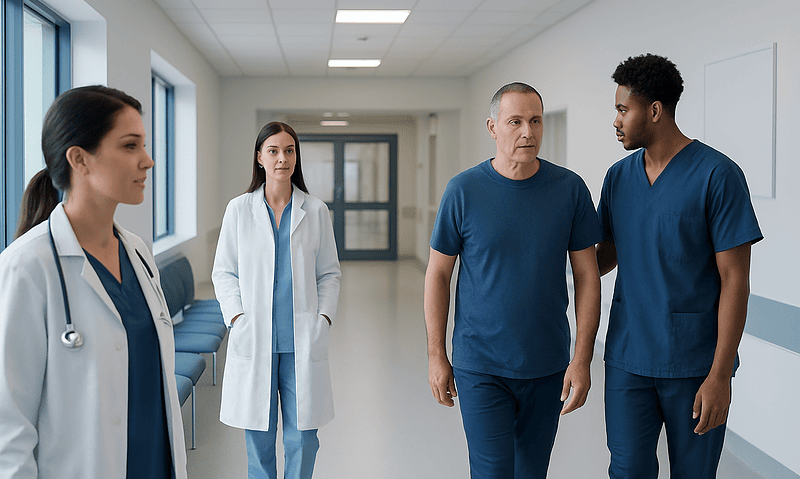 Medical team discussing patient care in hospital corridor.