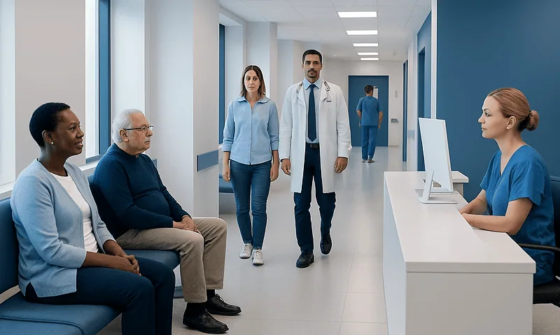 Medical consultation in a hospital corridor with healthcare professionals and patients.